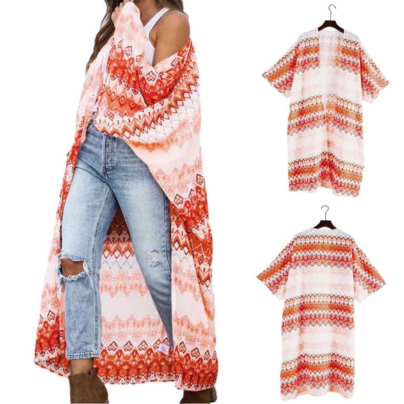 Sweaters - Vibrant Red and White Patterned Kimono